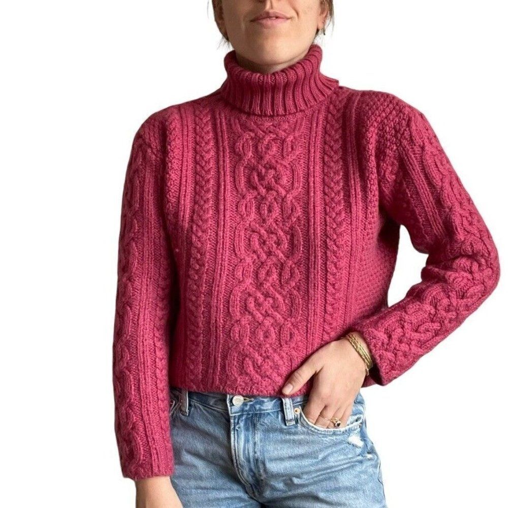 Paul James Womens Pink Wool Soft Cropped Fisherman Chunky Turtleneck Sweater